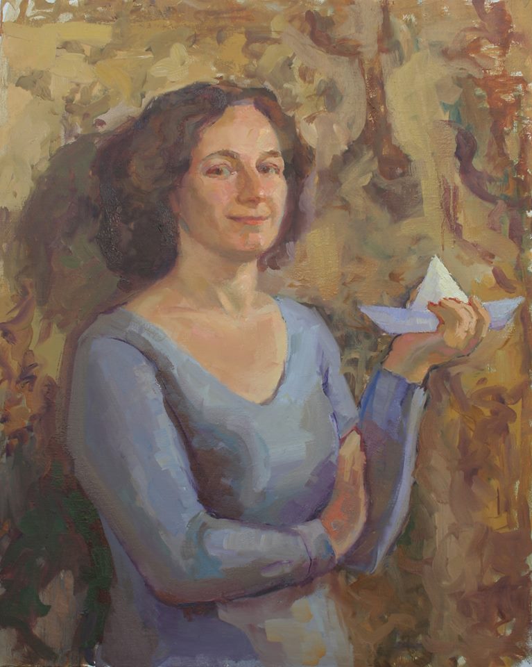Self Portrait with Paper Boat. oil on canvas