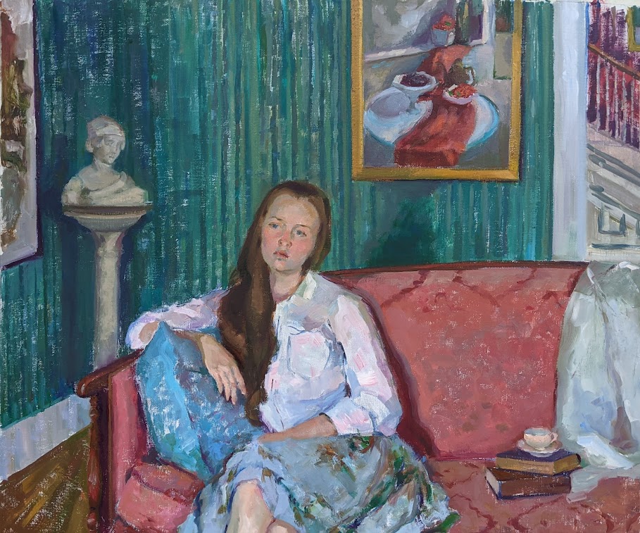 Emma sitting on the pink couch. Oil on canvas