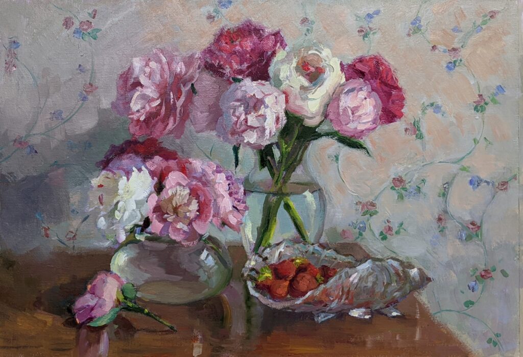 Peonies and Strawberries, oil on canvas