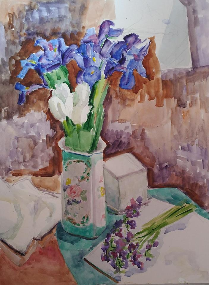 Irisis and Tulips. Watercolor.