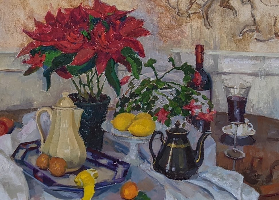 Still life with Poinsettias, detail. Oil on canvas.