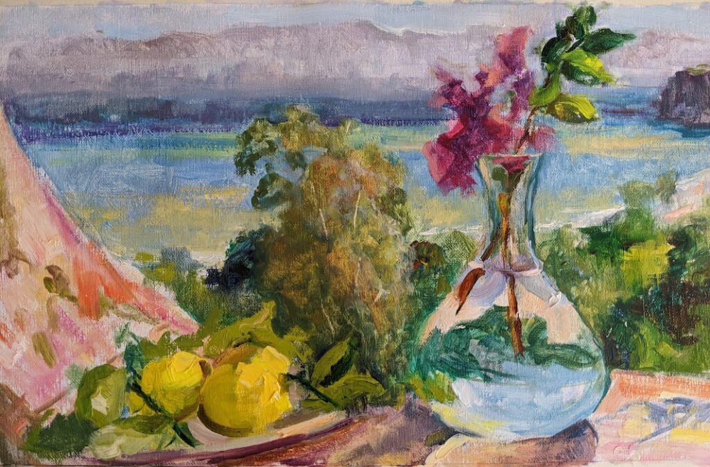 Lemons and Flowers Against the Bay of Castellamare, Sicily.